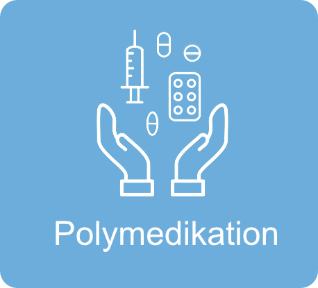 Polymedikations Icon in weiß auf blauem Hintergrund